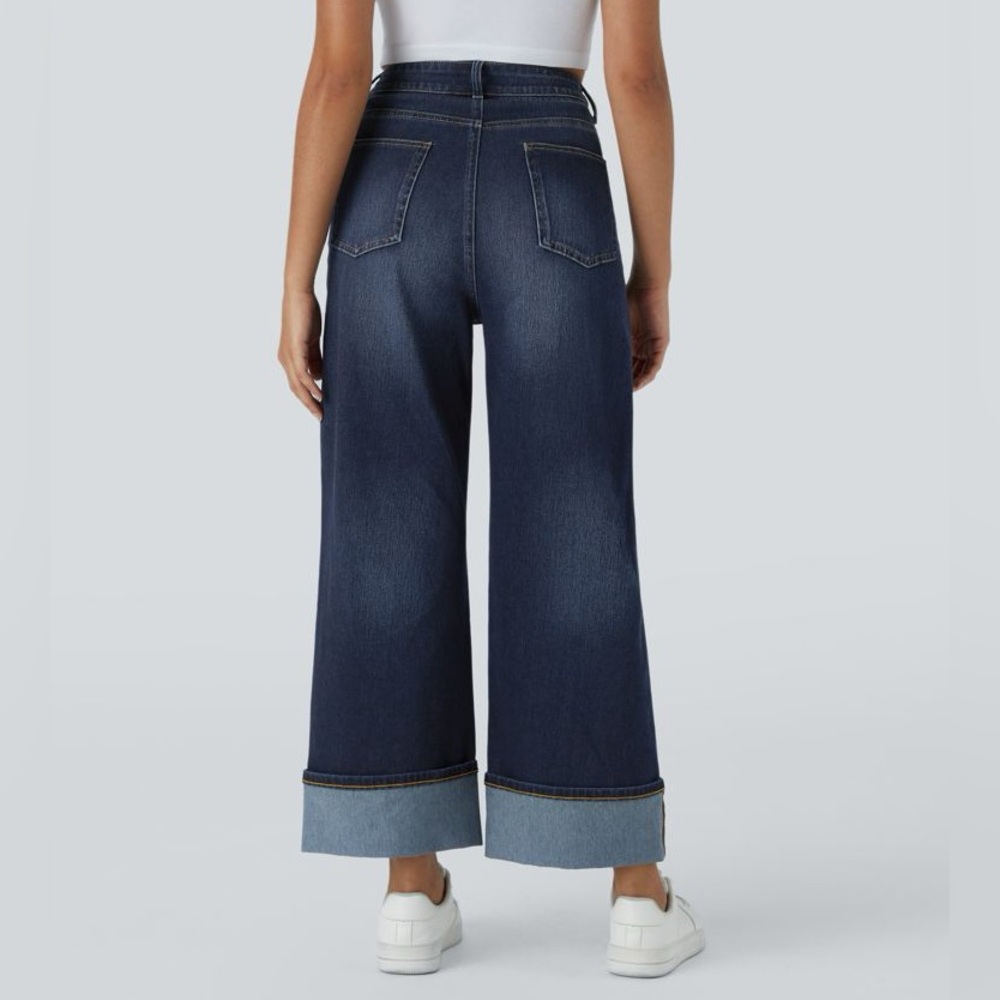 Halara Flex High Waisted Pockets Rolled Hem Wide Leg Washed Casual Jeans - Picture 2 of 9